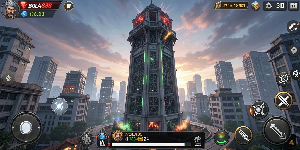 Gameplay seru BOLA88 menara bertahan dari serangan musuh.