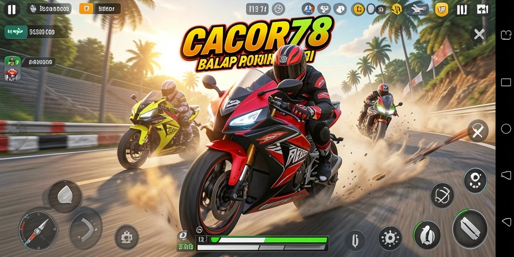 Tampilan gameplay balap motor yang seru dan menegangkan.