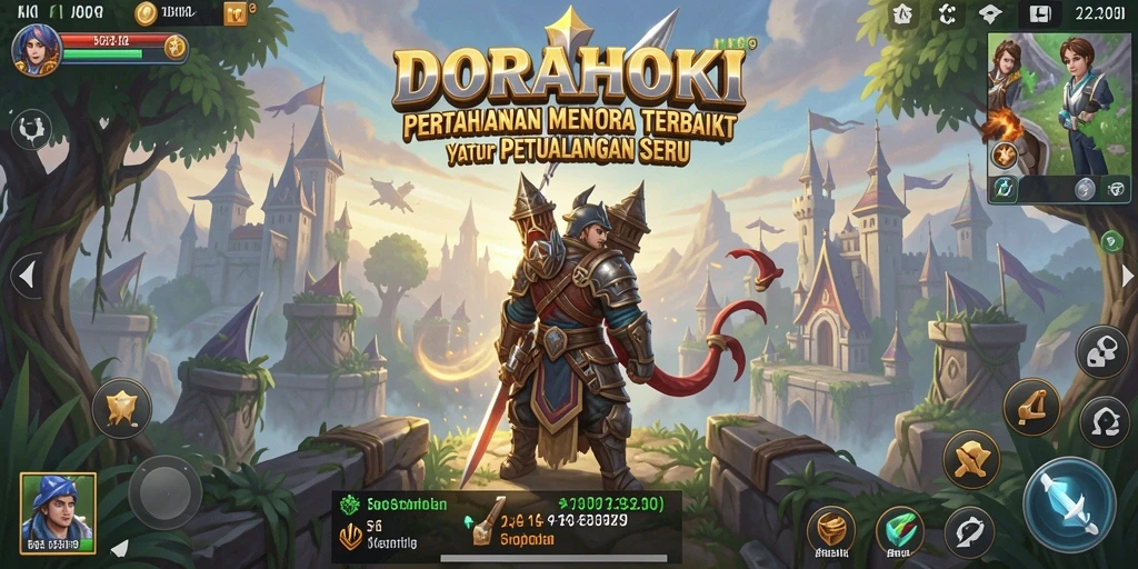 Tampilan menarik gameplay DORAHOKI dengan menara dan musuh beragam.