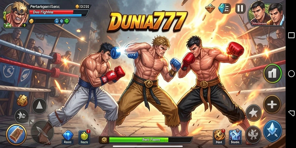 Gameplay pertarungan seru DUNIA777 dengan karakter yang berbeda.