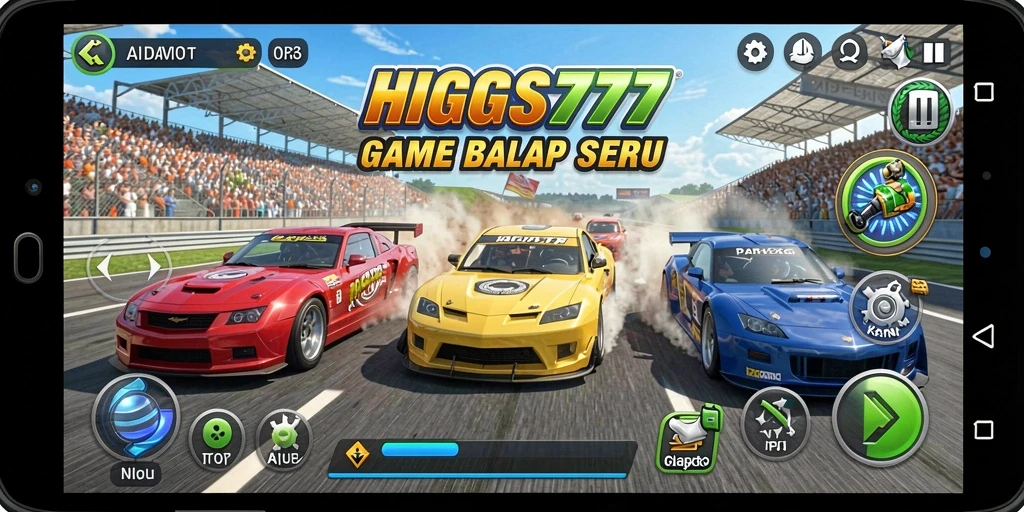 Screenshot gameplay HIGGS777 menunjukkan aksi balap yang mendebarkan.