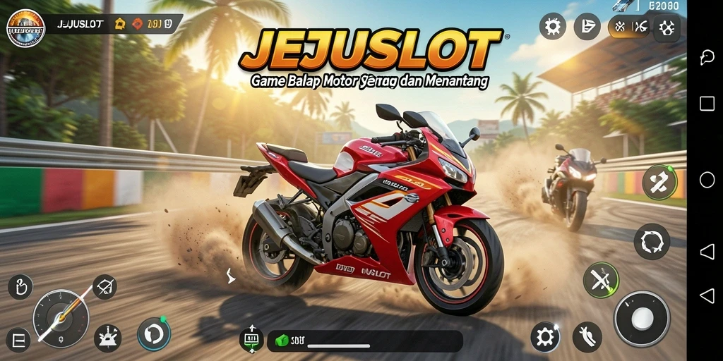 Screenshot gameplay JEJUSLOT saat balapan motor penuh aksi.
