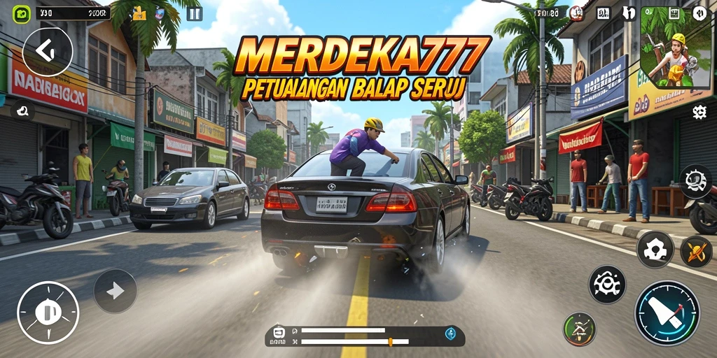 Tampilan gameplay seru di MERDEKA777 saat balapan di trek yang menantang.