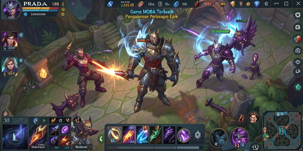 Screenshot gameplay PRADA188 menampilkan aksi pertarungan MOBA yang seru.