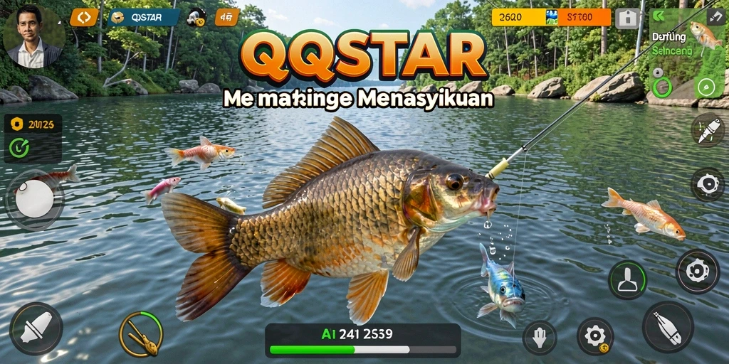 Gameplay QQSTAR yang menampilkan pengalaman memancing yang seru dan mendebarkan.